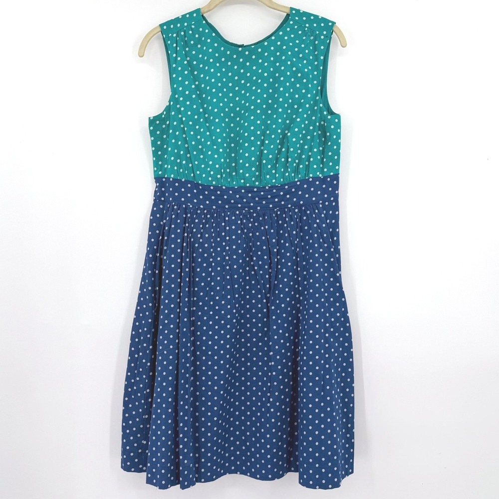 Emily And Fin Polka Dot 100% Cotton Pleated Dress Blue Green Size Medium